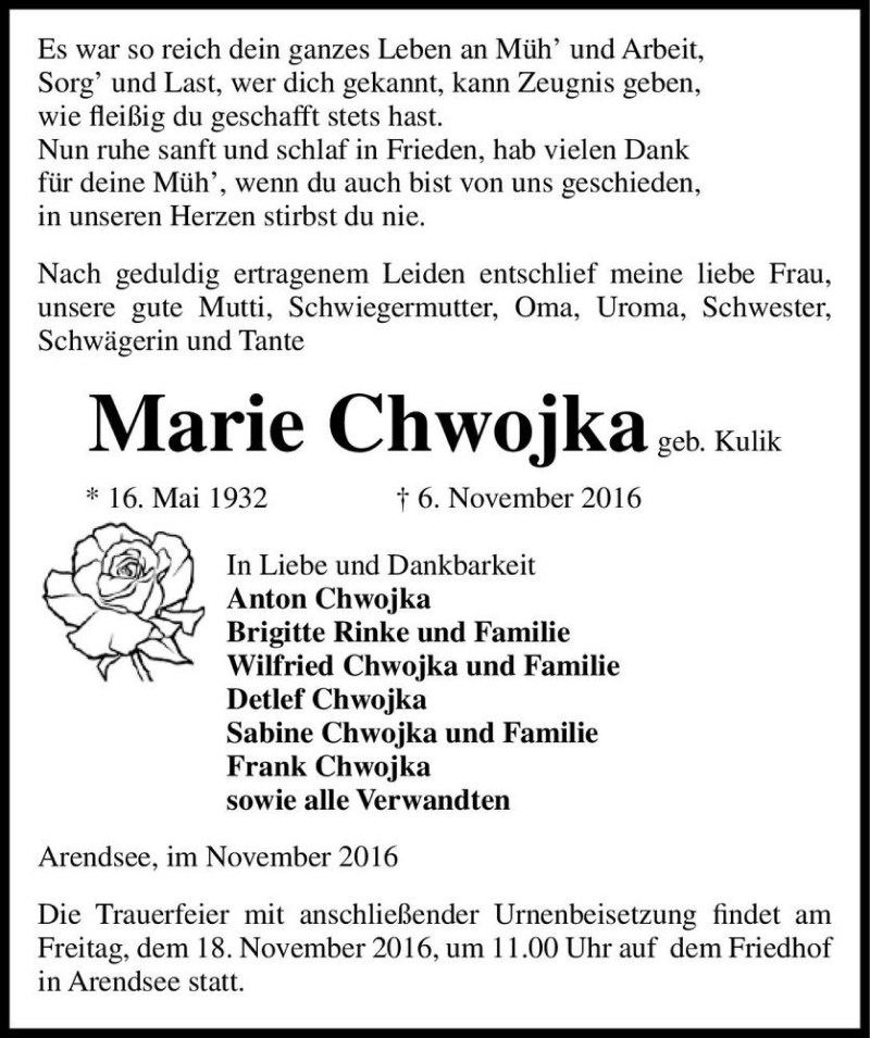  Traueranzeige für Marie Chwojka (geb. Kulik)  vom 09.11.2016 aus Magdeburger Volksstimme