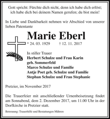 Traueranzeige von Marie Eberl  von Magdeburger Volksstimme