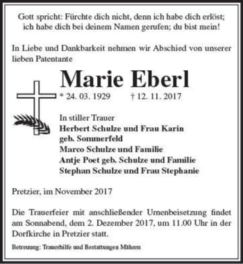Traueranzeige von Marie Eberl  von Magdeburger Volksstimme