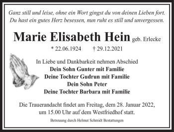 Traueranzeige von Marie Elisabeth Hein (geb. Erlecke)  von Magdeburger Volksstimme