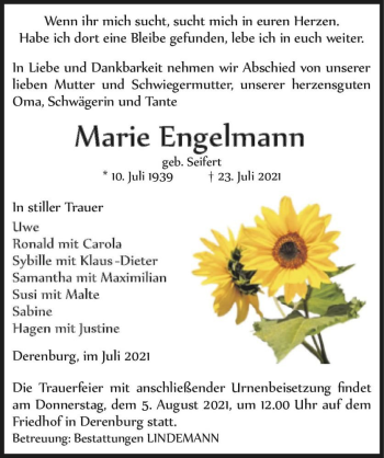 Traueranzeige von Marie Engelmann (geb. Seifert)  von Magdeburger Volksstimme