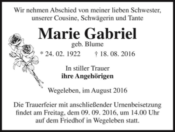 Traueranzeige von Marie Gabriel (geb. Blume)  von Magdeburger Volksstimme
