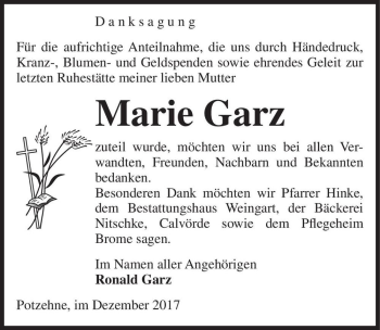 Traueranzeige von Marie Garz  von Magdeburger Volksstimme