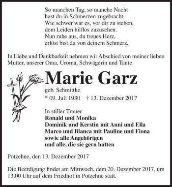 Traueranzeige von Marie Garz (geb. Schmittke)  von Magdeburger Volksstimme
