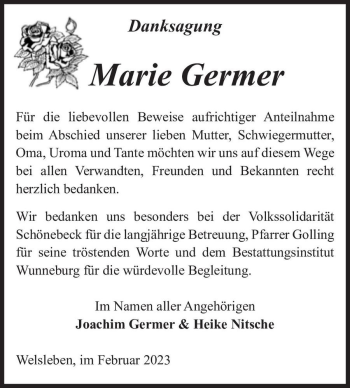 Traueranzeige von Marie Germer  von Magdeburger Volksstimme