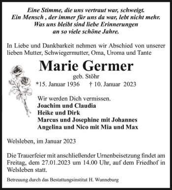 Traueranzeige von Marie Germer (geb. Stöhr)  von Magdeburger Volksstimme