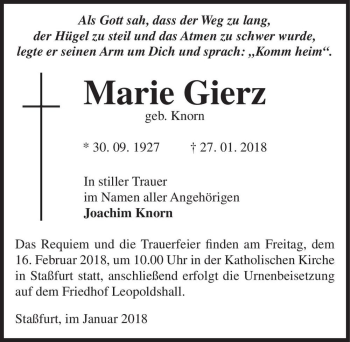 Traueranzeige von Marie Gierz (geb. Knorn)  von Magdeburger Volksstimme