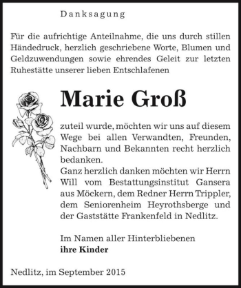 Traueranzeige von Marie Groß  von Magdeburger Volksstimme