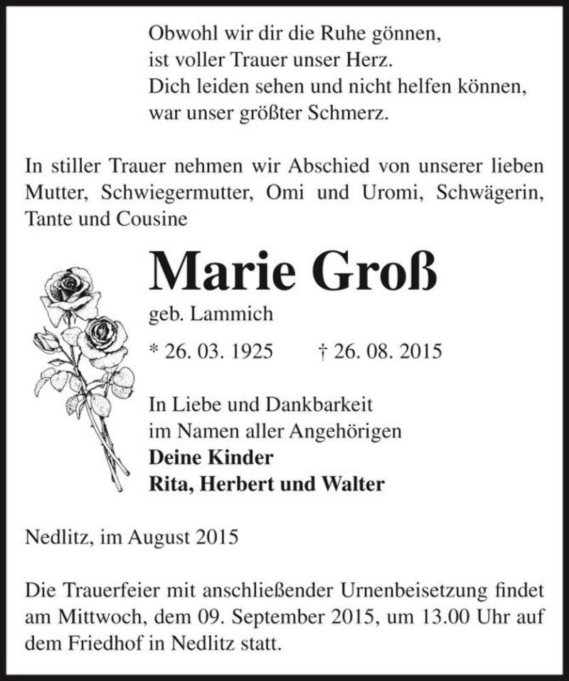  Traueranzeige für Marie Groß (geb. Lammich)  vom 05.09.2015 aus Magdeburger Volksstimme