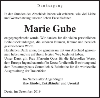 Traueranzeige von Marie Gube  von Magdeburger Volksstimme