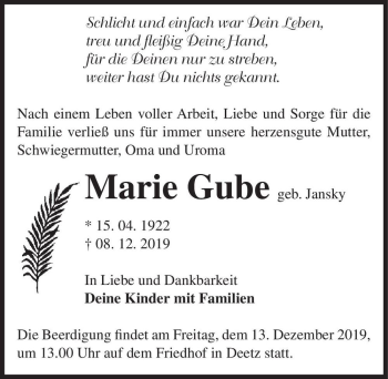 Traueranzeige von Marie Gube (geb. Jansky)  von Magdeburger Volksstimme