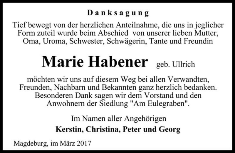  Traueranzeige für Marie Habener (geb. Ullrich)  vom 25.03.2017 aus Magdeburger Volksstimme