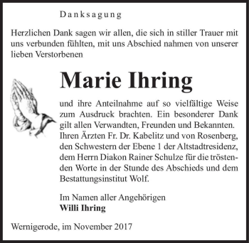 Traueranzeige von Marie Ihring  von Magdeburger Volksstimme