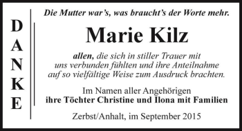Traueranzeige von Marie Kilz  von Magdeburger Volksstimme