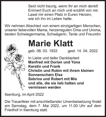 Traueranzeige von Marie Klatt  von Magdeburger Volksstimme