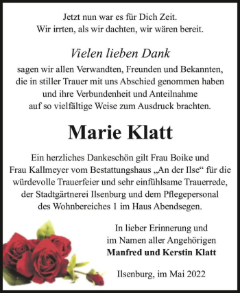 Traueranzeige von Marie Klatt  von Magdeburger Volksstimme