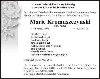 Traueranzeige von Marie Kromuszczynski (geb. Nabel)  von Magdeburger Volksstimme