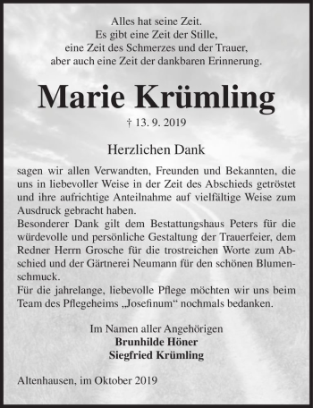 Traueranzeige von Marie Krümling  von Magdeburger Volksstimme