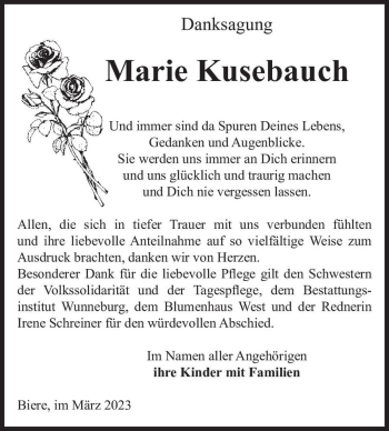 Traueranzeige von Marie Kusebauch  von Magdeburger Volksstimme