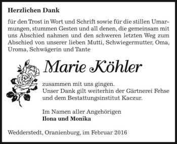 Traueranzeige von Marie Köhler  von Magdeburger Volksstimme
