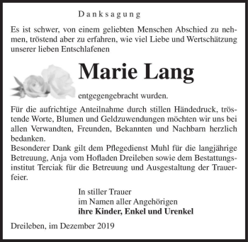 Traueranzeige von Marie Lang  von Magdeburger Volksstimme