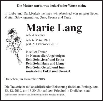 Traueranzeige von Marie Lang  von Magdeburger Volksstimme