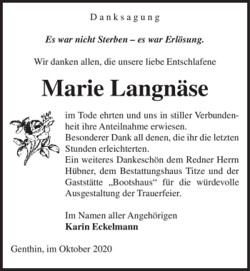 Traueranzeige von Marie Langnäse  von Magdeburger Volksstimme
