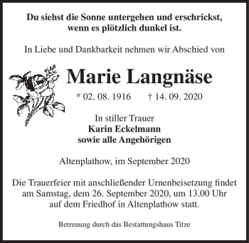 Traueranzeige von Marie Langnäse  von Magdeburger Volksstimme