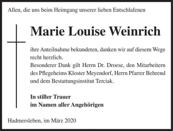 Traueranzeige von Marie Louise Weinrich  von Magdeburger Volksstimme