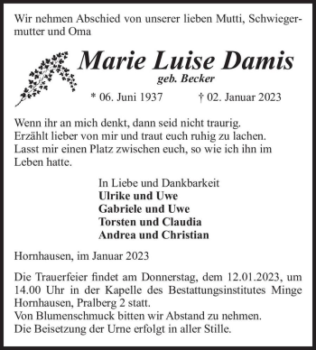 Traueranzeige von Marie Luise Damis (geb. Becker)  von Magdeburger Volksstimme