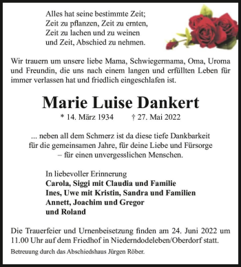 Traueranzeige von Marie Luise Dankert  von Magdeburger Volksstimme