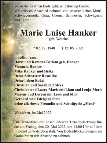 Traueranzeige von Marie Luise Hanker (geb. Wesche)  von Magdeburger Volksstimme