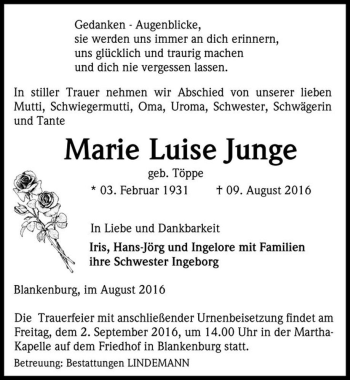 Traueranzeige von Marie Luise Junge (geb. Töppe)  von Magdeburger Volksstimme