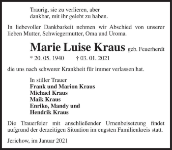 Traueranzeige von Marie Luise Kraus (geb. Feuerherdt)  von Magdeburger Volksstimme