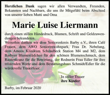 Traueranzeige von Marie Luise Liermann  von Magdeburger Volksstimme