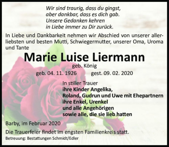 Traueranzeige von Marie Luise Liermann (geb. König)  von Magdeburger Volksstimme