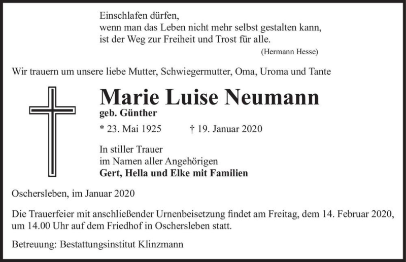  Traueranzeige für Marie Luise Neumann (geb. Günther)  vom 25.01.2020 aus Magdeburger Volksstimme