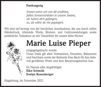 Traueranzeige von Marie Luise Pieper  von Magdeburger Volksstimme