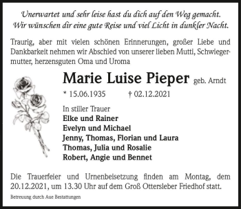 Traueranzeige von Marie Luise Pieper (geb. Arndt)  von Magdeburger Volksstimme