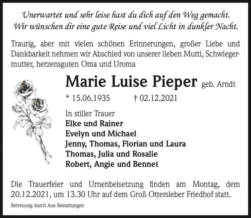  Traueranzeige für Marie Luise Pieper (geb. Arndt)  vom 11.12.2021 aus Magdeburger Volksstimme