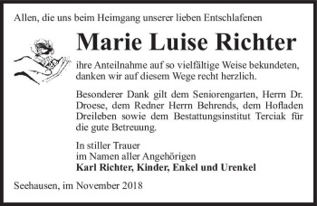 Traueranzeige von Marie Luise Richter  von Magdeburger Volksstimme