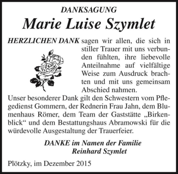 Traueranzeige von Marie Luise Szymlet  von Magdeburger Volksstimme
