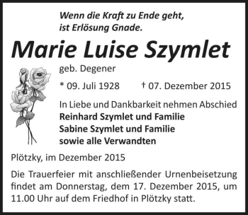 Traueranzeige von Marie Luise Szymlet (geb. Degener)  von Magdeburger Volksstimme