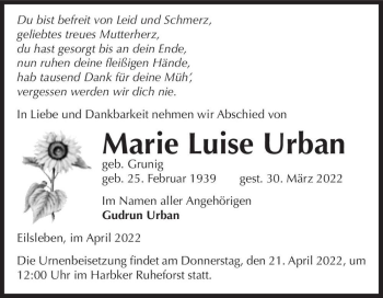 Traueranzeige von Marie Luise Urban (geb. Grunig)  von Magdeburger Volksstimme