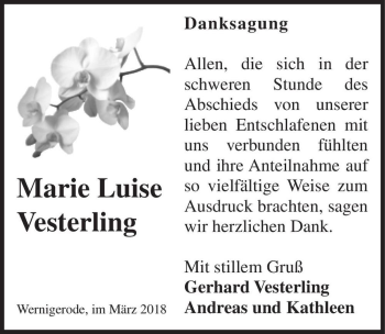 Traueranzeige von Marie Luise Vesterling  von Magdeburger Volksstimme