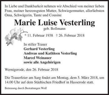Traueranzeige von Marie Luise Vesterling (geb. Bollmann)  von Magdeburger Volksstimme