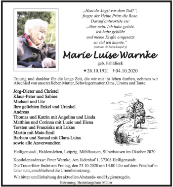 Traueranzeige von Marie Luise Warnke (geb. Fahldieck)  von Magdeburger Volksstimme