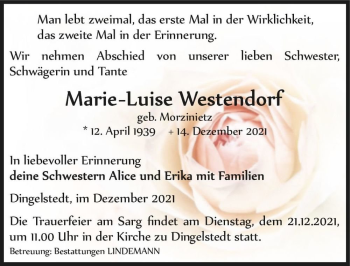Traueranzeige von Marie Luise Westendorf (geb. Morzinietz)  von Magdeburger Volksstimme