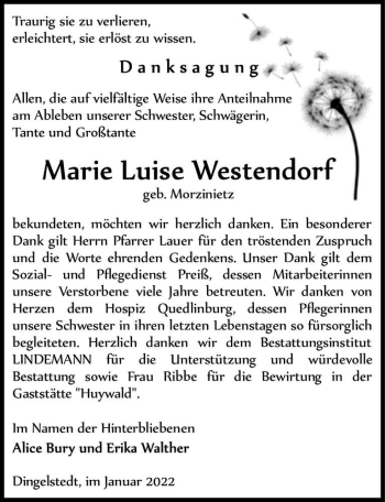 Traueranzeige von Marie Luise Westendorf (geb. Morzinietz)  von Magdeburger Volksstimme