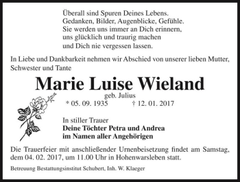 Traueranzeige von Marie Luise Wieland (geb. Julius)  von Magdeburger Volksstimme